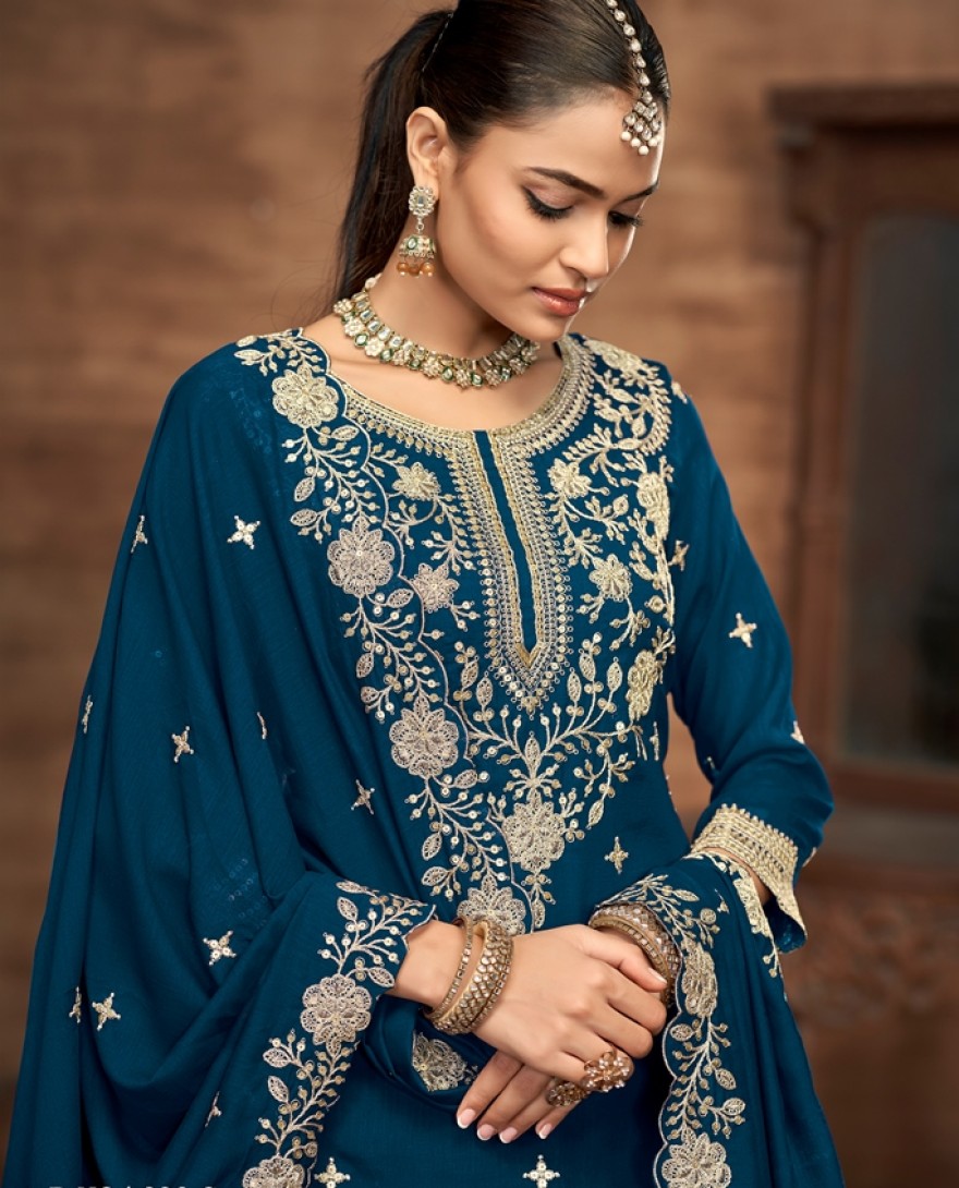 226-blue - Blue Embroidered Traditional Sharara Style Suit.
